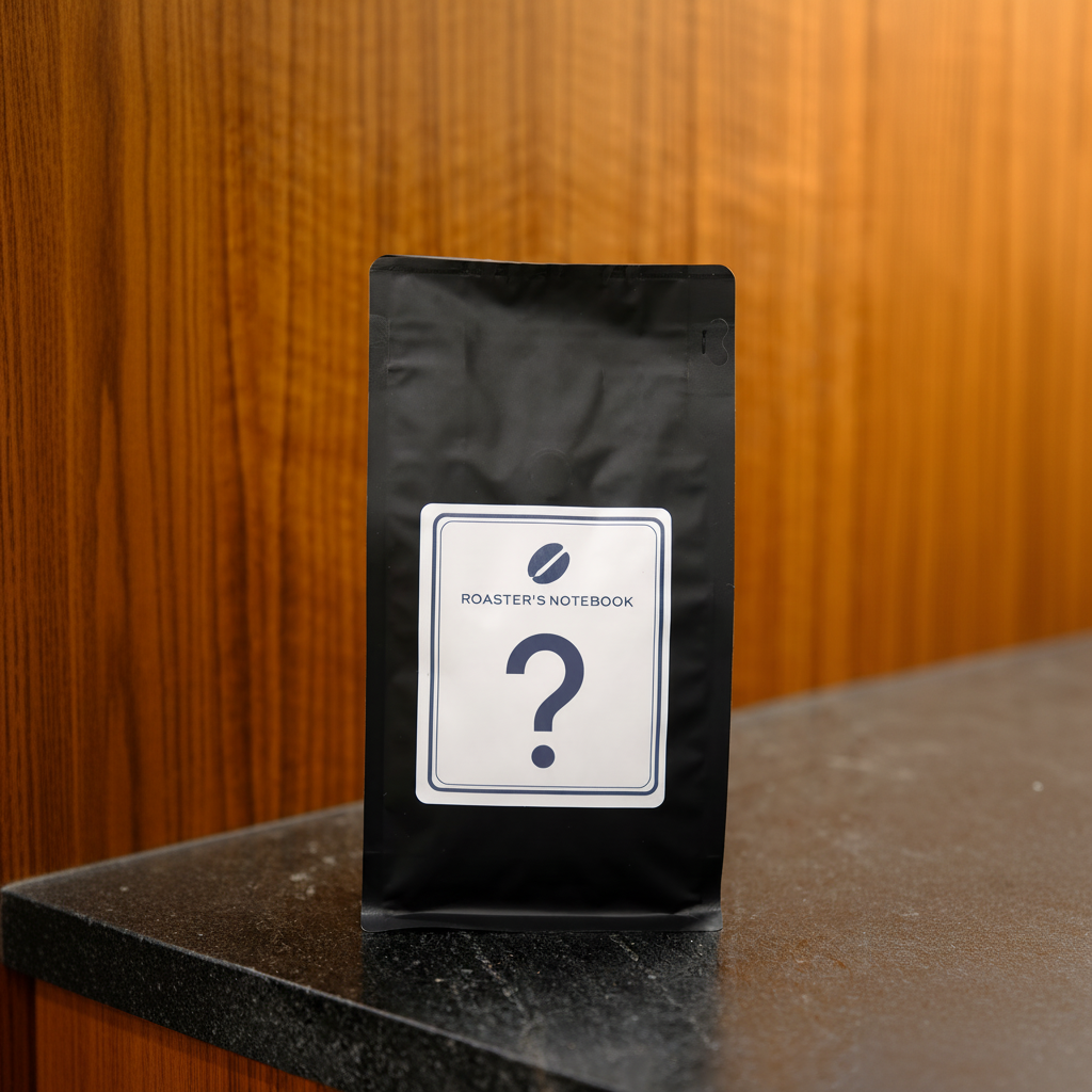 Black coffee bag with 'Roaster's Notebook' logo and question mark on a wooden surface